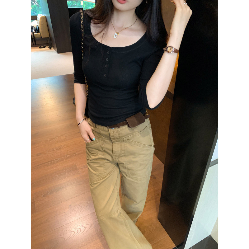 Hot-Selling Special Price Button U-Neck Knitted Half-Sleeve T-Shirt for Women, Summer 2026 New Model, This Year's Popular Hot-Selling Women's Clothing