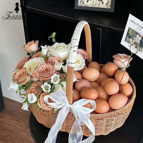 Postpartum gift set with eggs, fruits, and a flower basket featuring handmade woven floral hand-held basket and rattan basket for DIY flower arrangement