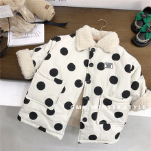 女童中长款圆点加绒外套韩版宝宝加厚保暖大衣男宝过膝棉服外贸