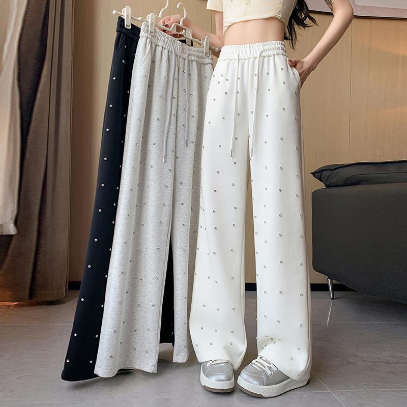 White Women's Pants with Sparkling Rhinestones, Pure Cotton, Thin Elastic High-Waisted Drapey Wide-Leg Straight Loose Casual Sweatpants