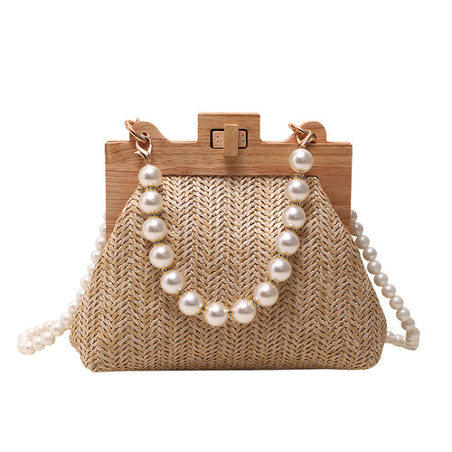 Summer Popular Casual Matchable Pearl Tote Bag for Women  Korean Style Grass Weave Small Square Bag