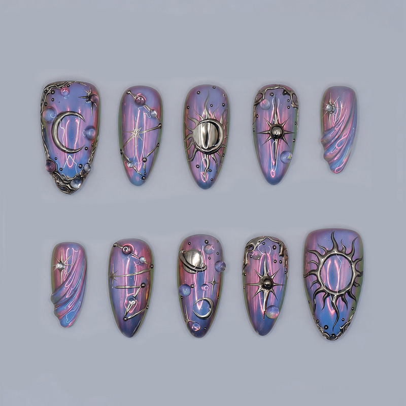 Popular Wearable Nails for European and American Cross-Border Market, Almond-Shaped Electroplated 3D Embossed Silver-Plated Nails with Box, Manicure Nail Tips