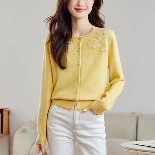 思8267大码立体开衫花朵圆领重工钉珠毛衣女外套羊毛针织上衣外穿