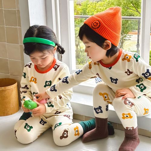 Children's autumn and winter thermal underwear for boys and girls, pure cotton pajamas for small and medium-sized children, Korean version of boneless home clothes set