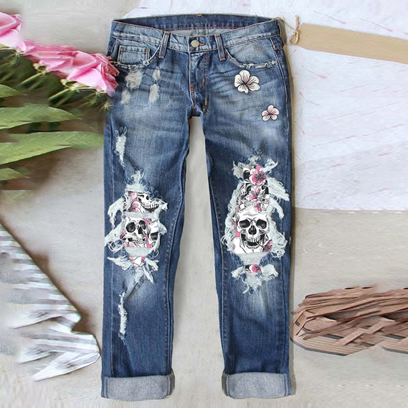 Foreign Trade Women's Jeans Ripped Trendy Skull Amazon New European and American Straight Curl Plus Size Pants