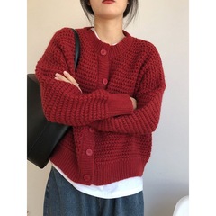 红色毛衣外套女宽松慵懒风早秋韩系针织开衫外穿春秋女装新款上衣