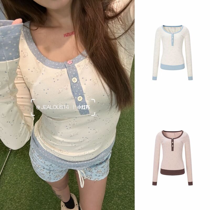 26Ss/Minjie Korean Niche Designer Style Color-Blocking Cute Bunny Print Long-Sleeve T-Shirt