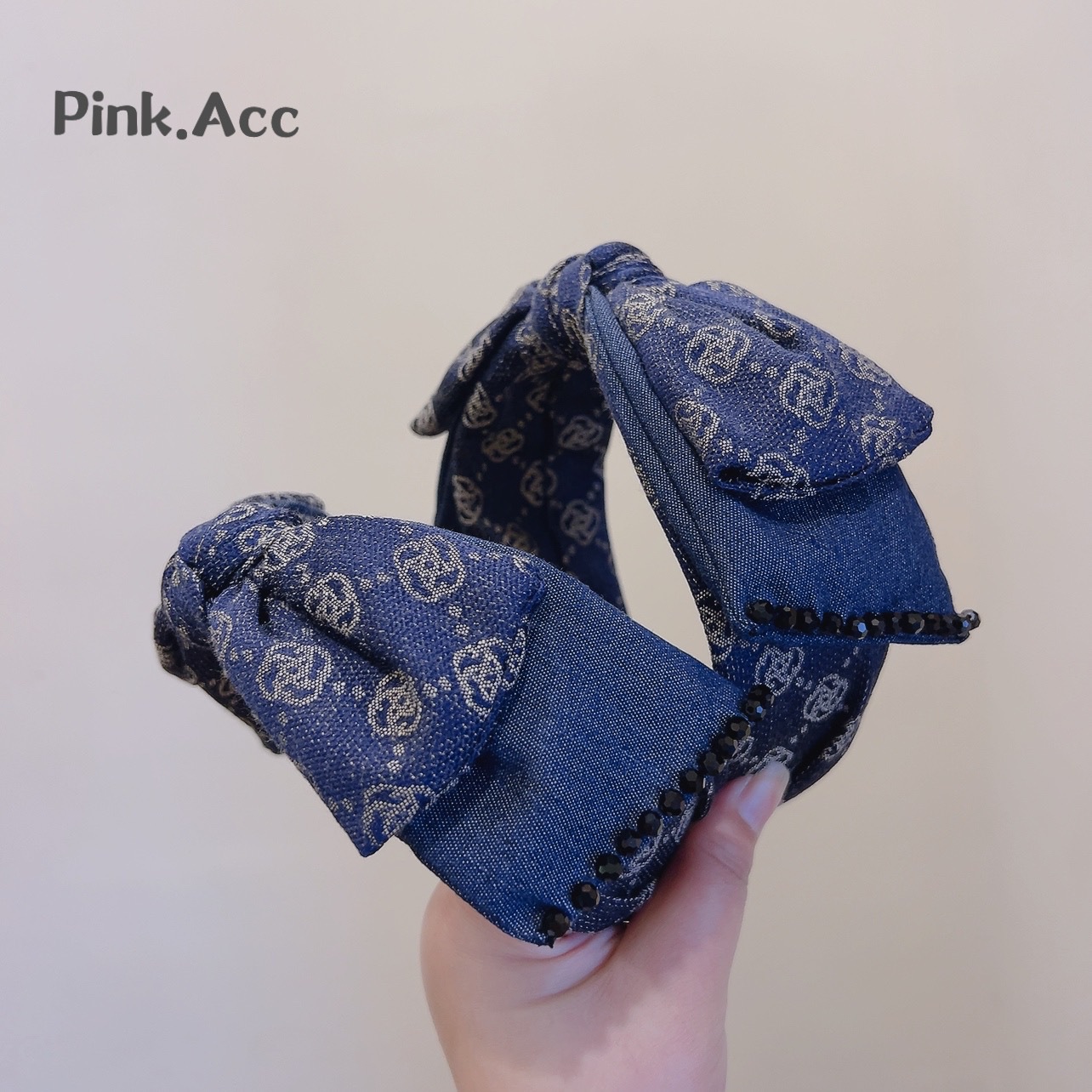 網紅直播！復古牛仔刺繡氣質手工串珠大版蝴蝶結髮卡顯臉小