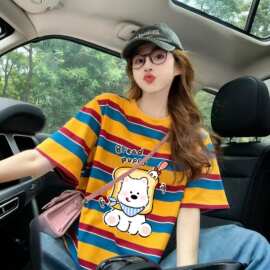 特大码300斤胖mm卡通撞色条纹短袖t恤女夏季美式复古减龄宽松上衣