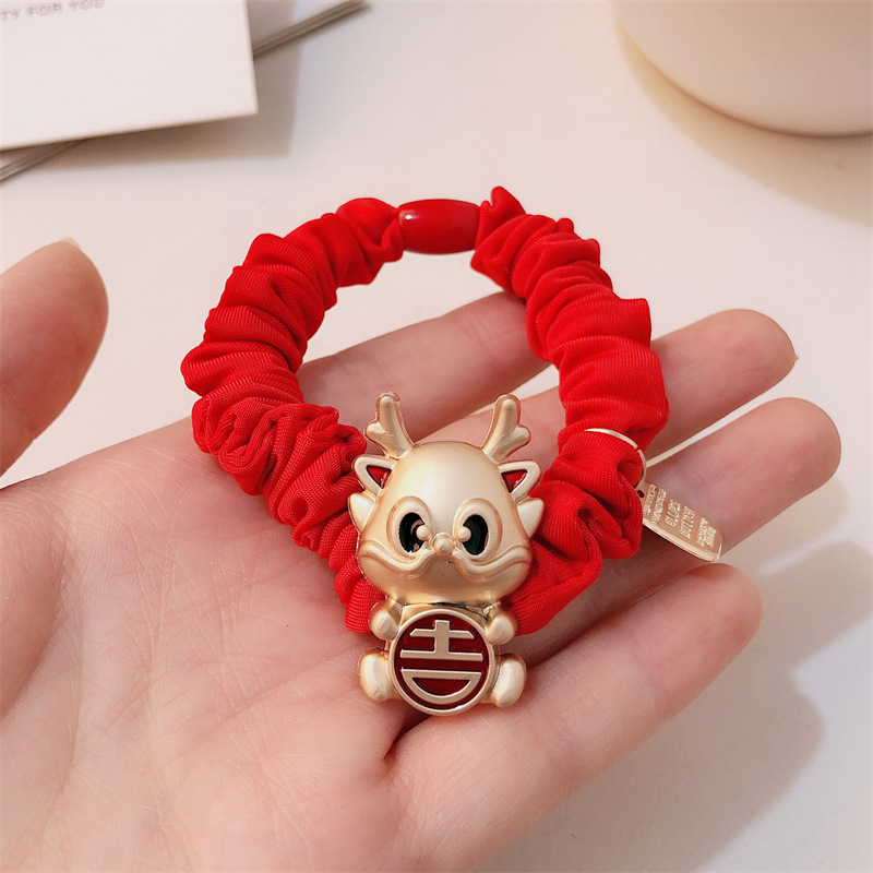 Año del Dragón Zodiaco de alta sensación metal rojo Año Nuevo anillo de cabello de alta altura cuerda elástica cuerda de cabello festiva adornos para el cabello