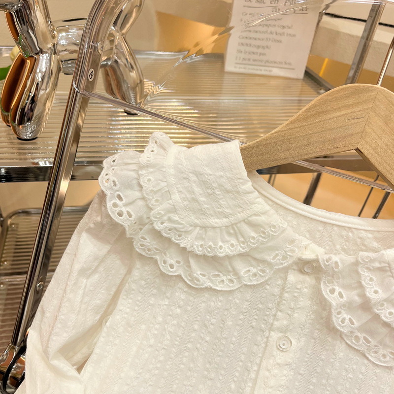 Camisas para niñas, camisas de manga larga para bebés, camisas con cuello de muñeca de doble capa para niños de primavera 2025, tops para niñas, camisas de princesa de estilo coreano