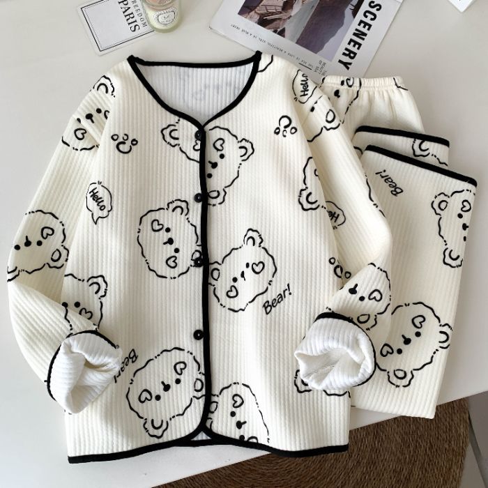 Pijamas al por mayor transfronterizos de invierno de aire de algodón jacquard lindos dibujos animados de alta calidad dulce conjunto de ropa para el hogar