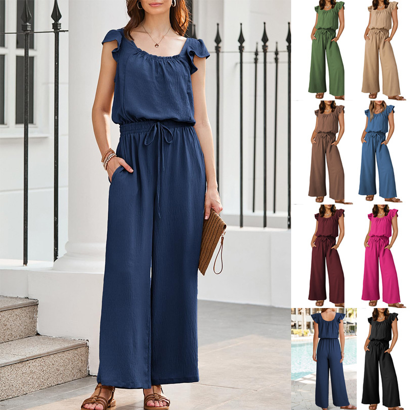 2026 Spring/Summer Cross-Border Trade European and American Style Pleated Square Neck Jumpsuit with Pockets Solid Color Sleeveless Ruffle Sleeve Romper for Women