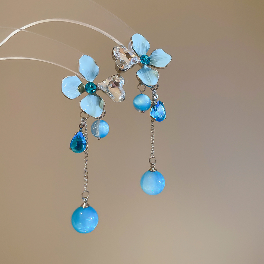 Pendientes de borla de cuentas de arroz de flor de gasa de aguja de plata Pendientes de todo fósforo de estilo de vacaciones Pendientes frescos y dulces para mujer