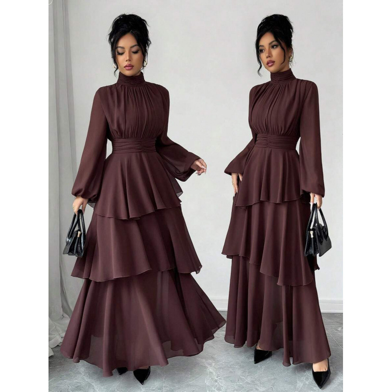 Cross-Border Amazon European and American Summer High-Neck Layered Ruffle Lantern Sleeve A-Line Waist-Cinching Slim-Fit Dress Cross-Border Amazon European and American Summer High-Neck Layered Ruffle Lantern Sleeve A-Line Waist-Cinching Slim-Fit Dress
