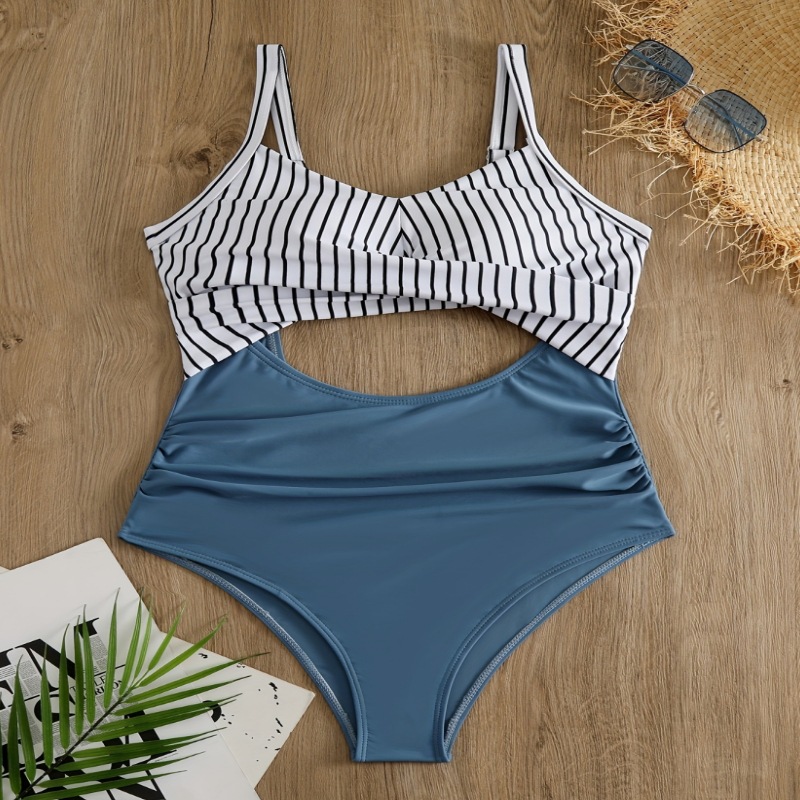 Traje de baño de una pieza transfronterizo con diseño fruncido y calado, traje de baño adelgazante de cintura alta para mujer, adecuado para nadar en aguas termales.