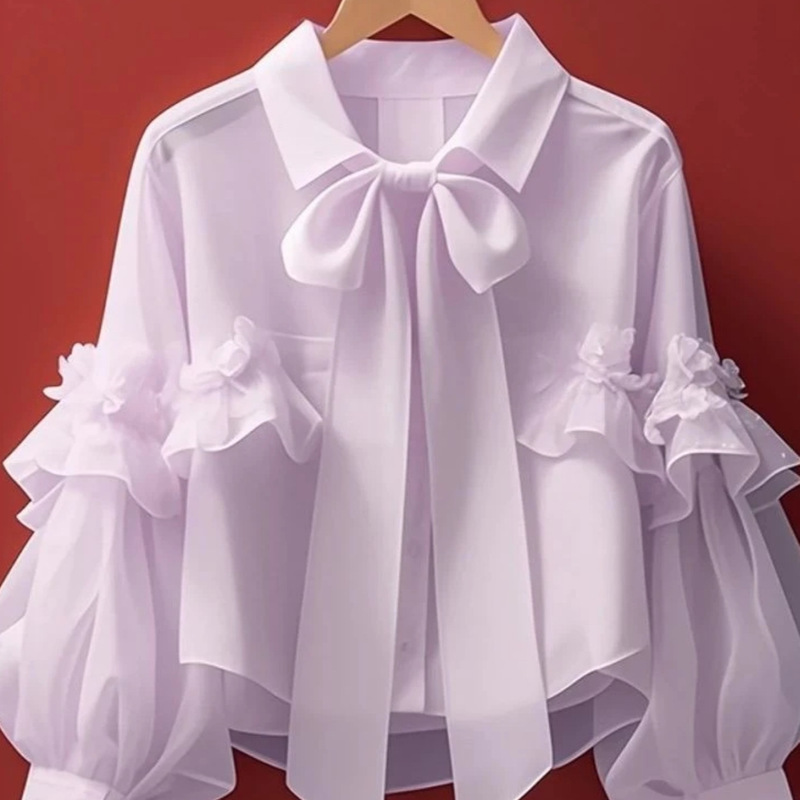 New Style Sweet and Elegant Shirt Tops for Women, Beautiful Green Bow Long-Sleeved Shirt, Retro French-Style Shirt