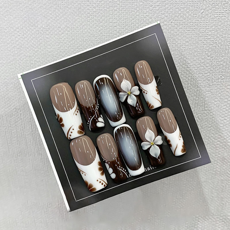 Cross-Border European and American Handmade Wearable Nails, Hot-Selling Pure Hand-Painted Three-Dimensional Carved Designs, Autumn and Winter Coffee-Colored Nail Art Wholesale Cross-Border European and American Handmade Wearable Nails, Hot-Selling Pure Hand-Painted Three-Dimensional Carved Designs, Autumn and Winter Coffee-Colored Nail Art Wholesale