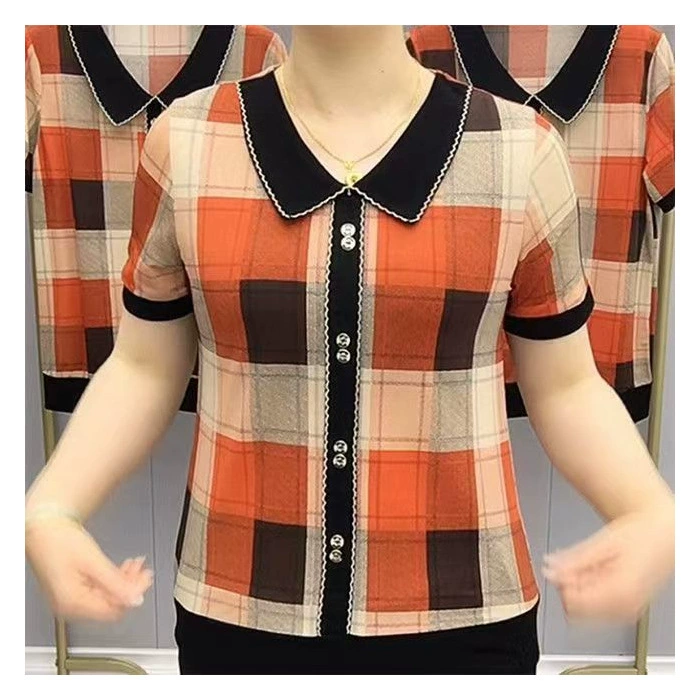 Летняя новая мама среднего возраста в клетку с кукольным воротником футболка женская футболка с короткими рукавами