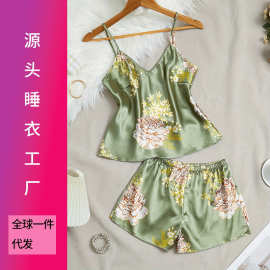 跨境女士睡衣欧美夏季印花大码舒适优雅吊带短裤两件套家居服套装