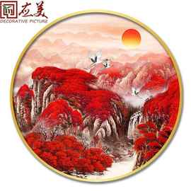 鸿运当头玄关装饰画新中式圆形沙发背景墙壁画办公室山水中式挂画