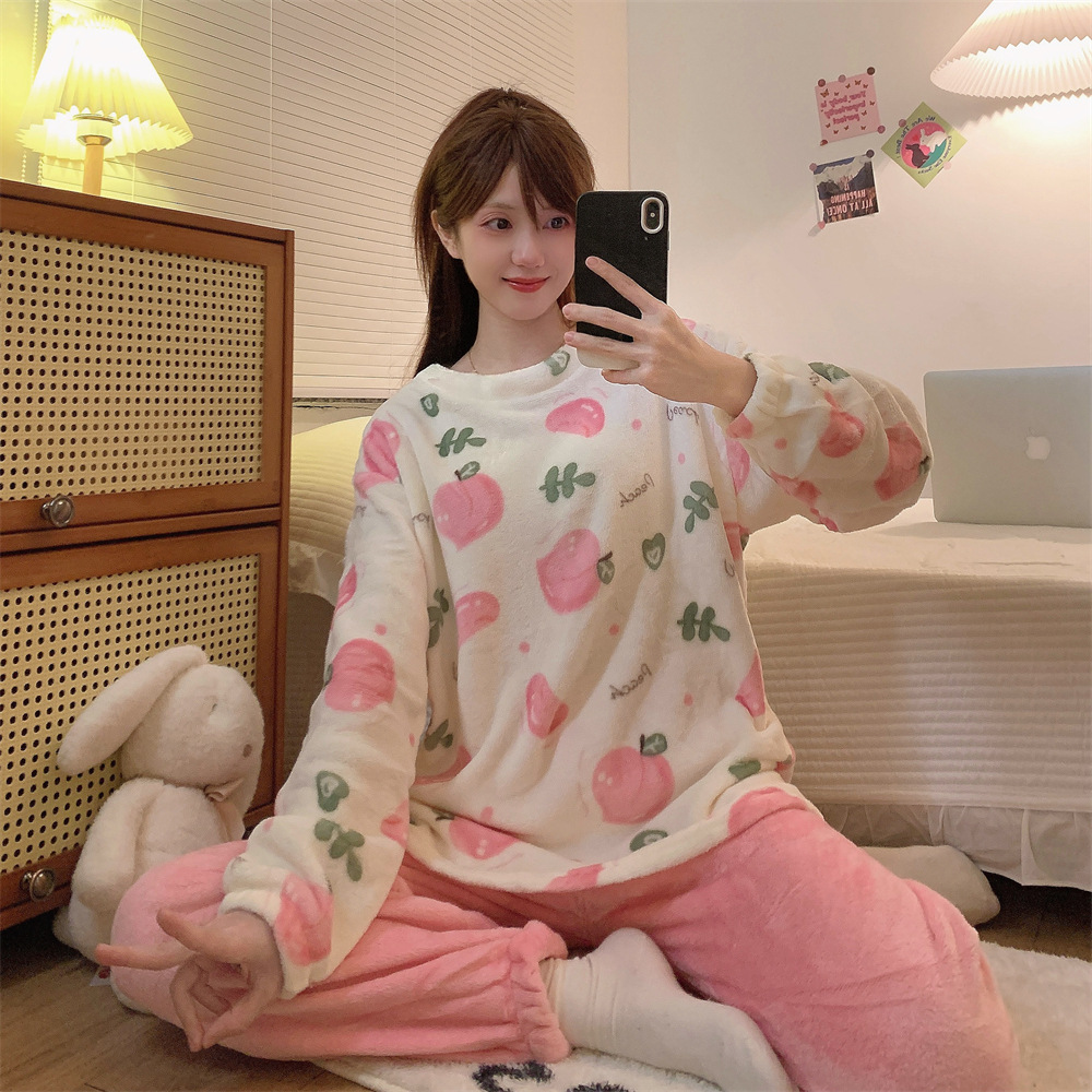 플란넬 파자마 국경 도매 파자마 여성의 가을과 겨울 플란넬 두꺼운 소녀의 홈 의류 세트