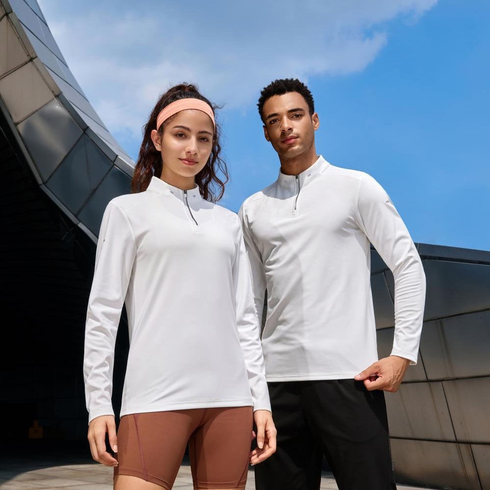 Otoño nueva camiseta deportiva de manga larga para hombres y mujeres Amazon medio cremallera correr acondicionamiento físico ropa de entrenamiento europea y americana medio pecho abierto