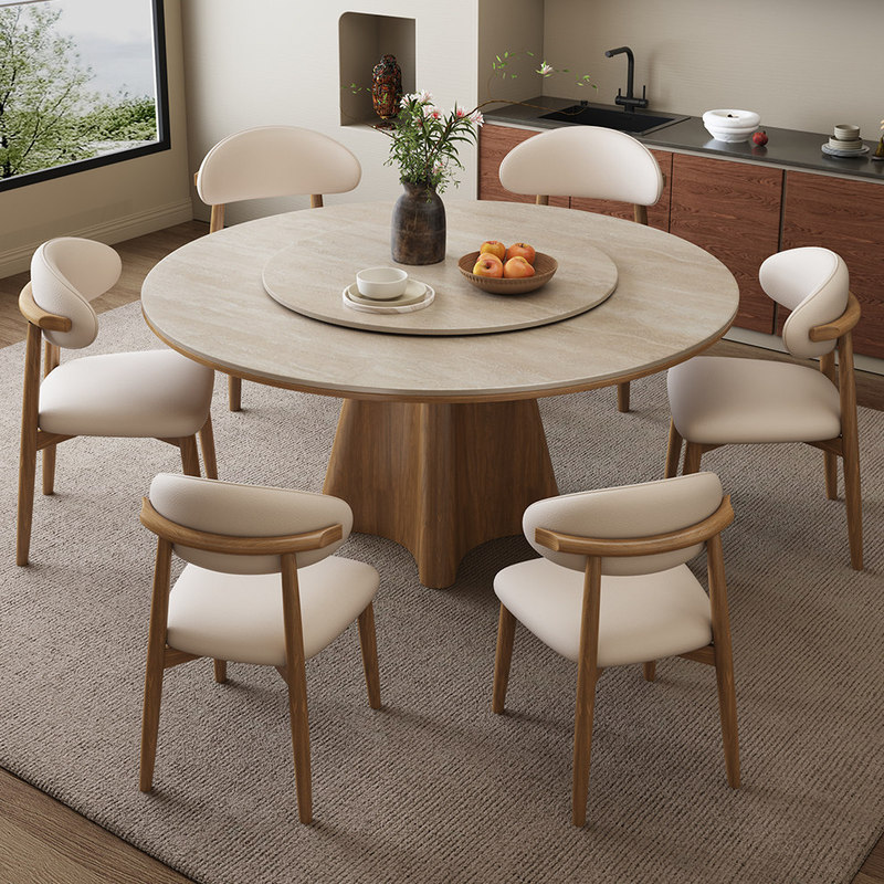 Travertine Stone and Solid Wood Round Dining Table, Round Table in Mid-Century Style for Small Households, Wabi-Sabi High-End Dining Table Travertine Stone and Solid Wood Round Dining Table, Round Table in Mid-Century Style for Small Households, Wabi-Sabi High-End Dining Table