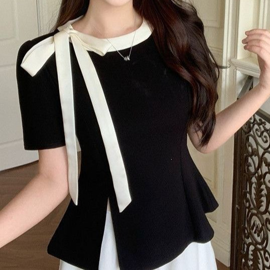 Plus-Size Sweet Style Short-Sleeve Shirt with Bow Tie and Slit Design, Versatile for Summer, New Stylish Slimming Top in Black Plus-Size Sweet Style Short-Sleeve Shirt with Bow Tie and Slit Design, Versatile for Summer, New Stylish Slimming Top in Black