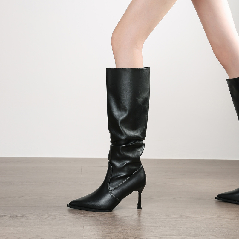 Autumn and Winter Women's Boots European and American Style Stiletto Cowboy Boots High Heels Pointed Toe High Boots Pleated Pile Boots Large Size Women's Shoes 41