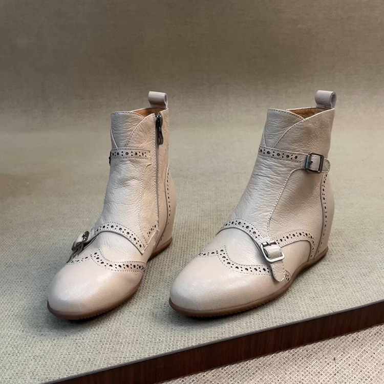 Sheepskin Version ~ Retro Round Toe Inner Heightening 5cm Flats Short Boots for Women 2025 Autumn Simple Embroidered Side Zipper Slim Boots