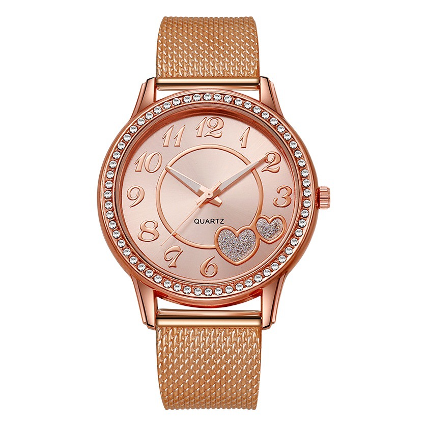 Nueva moda transfronteriza melocotón corazón malla reloj de cuarzo estudiante de oro rosa amor diamante reloj de mujer al por mayor