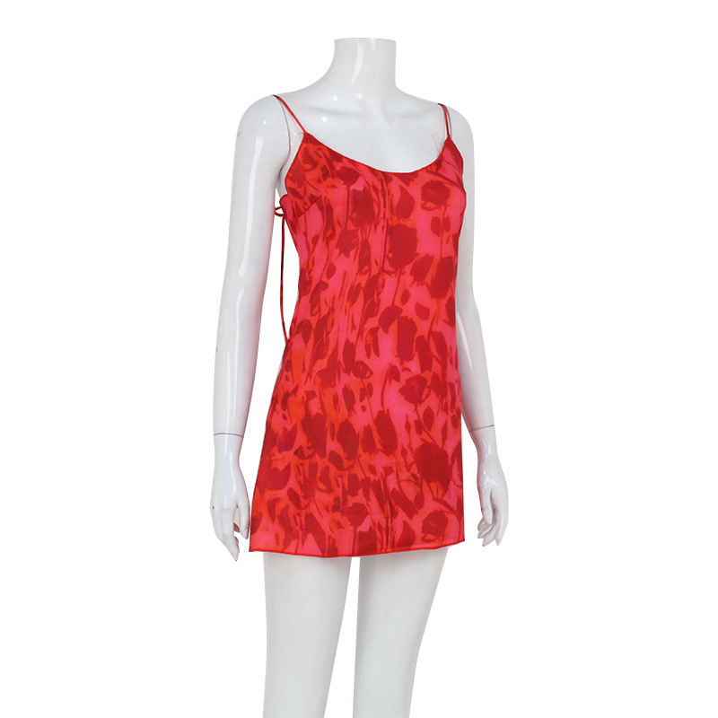 161g Weight Above Knee Dress Length Type Sleeveless Sleeve Length Strap Dress Dresses Type Sleeveless Sleeve Type Spandex, Polyester, Chiffon Fabric Type Elastic Waist Waist Line Date, Tea Party Occasion V Neck Neckline Slim Fit Type Printing Pattern 2025 Spring and Summer Season Printing Design European and American wind, Streetwear Style French Minority Red Printed V-neck Strap Sexy Dress Women's 2024 Summer New Waist Slimming Skirt 14