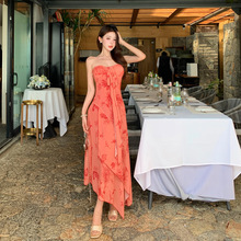 性感露背印花无袖抹胸连衣裙女夏装修身度假裙子辣妹收腰包臀长裙