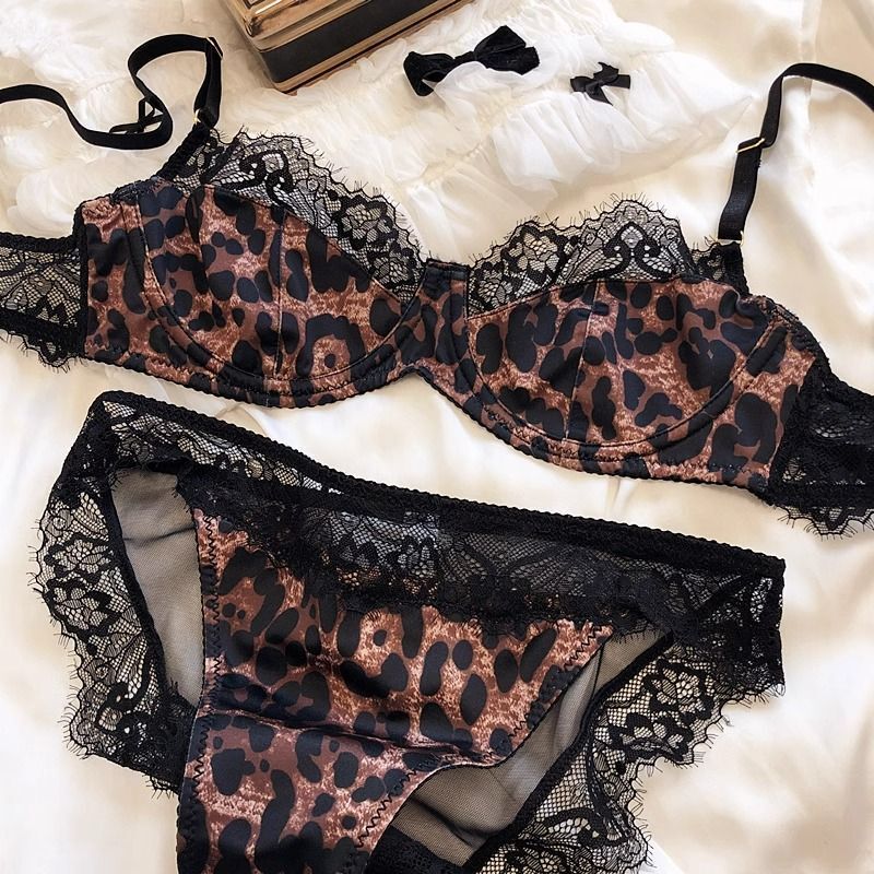 New American Style Leopard Print Ultra-thin Underwear Women's Big Chest Shown Small Soft Steel Ring Gathering Anti-sagging Sexy Bra Set
