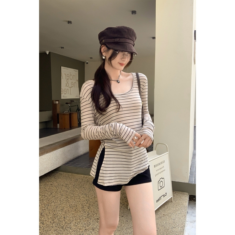 欧货莱赛尔天丝羊毛条纹U领长袖T恤女秋季2025新款独特别致上衣女|undefined