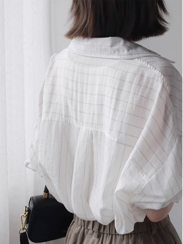 2025 夏ルーズ薄い日焼け防止服ストライプ綿とリネン長袖シャツ女性のミッドレングスアウタートップ|undefined