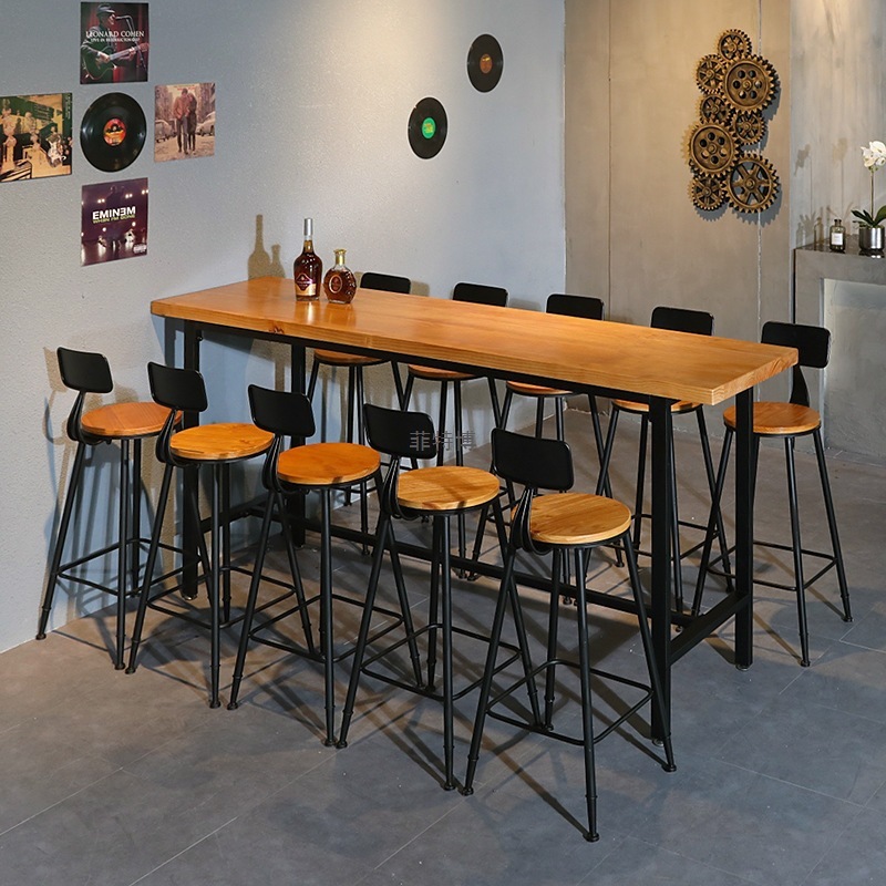 实木铁艺吧台餐桌咖啡厅奶茶店高脚桌椅组合loft美式复古高吧台桌|undefined