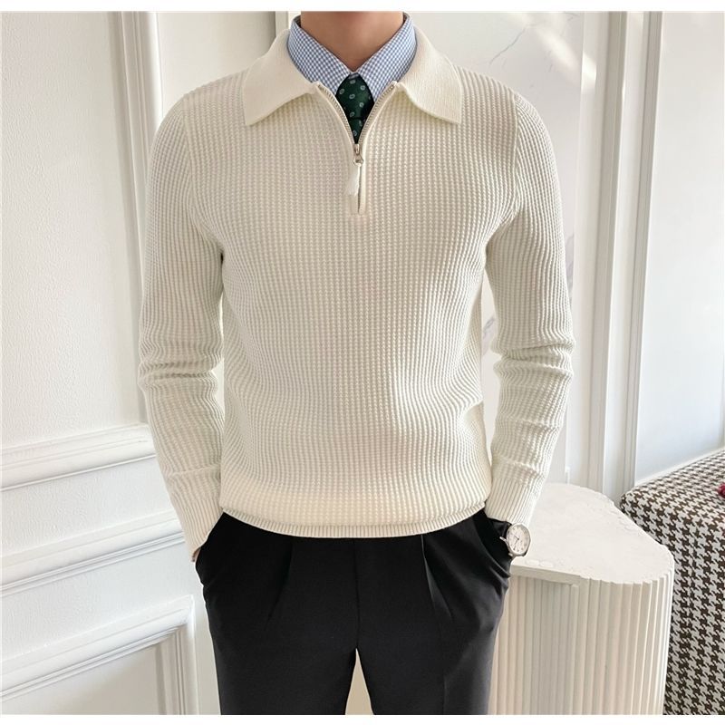 British Men's Long-Sleeved Half-Zip Polo Lapel Knitwear Pullover Waffle Fabric Slim Pure Color Wool Top