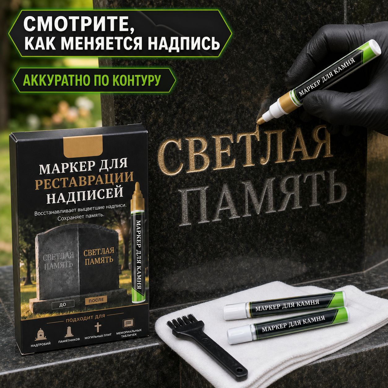 Outdoor Granite Stone Repair Pen Set, Tombstone Color Restoration Tool with Cleaning Accessories, Stone Engraving Repair Pen