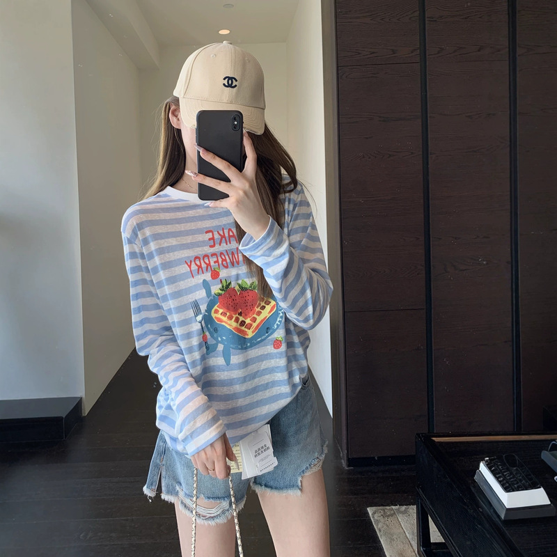 American-Style Casual Blue and White Striped Printed T-Shirt, Lazy Loose Fit, Slimming Long-Sleeve Top for Women, New Summer Model American-Style Casual Blue and White Striped Printed T-Shirt, Lazy Loose Fit, Slimming Long-Sleeve Top for Women, New Summer Model