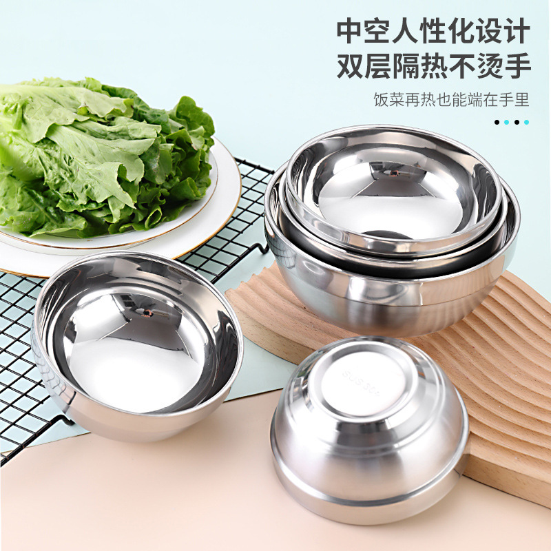 Cuenco de platino personalizado Cuenco de acero inoxidable 304 Cuenco de arroz doméstico anti-escaldado de doble capa Cuenco de arroz Cuenco de sopa anti-caída Cuenco para niños