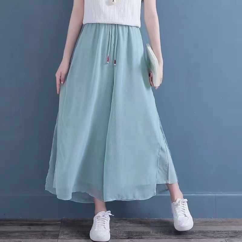 Summer New Retro Double-Layer Silk and Linen Wide-Leg Pants Women's Thin Flowing Versatile Cropped Pants