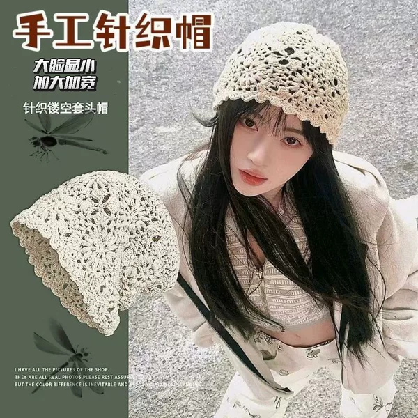 Japanese-Style Handmade Hats, Thin New Woven Hollow Retro Knitted Artistic Turban Wool Hats for Women