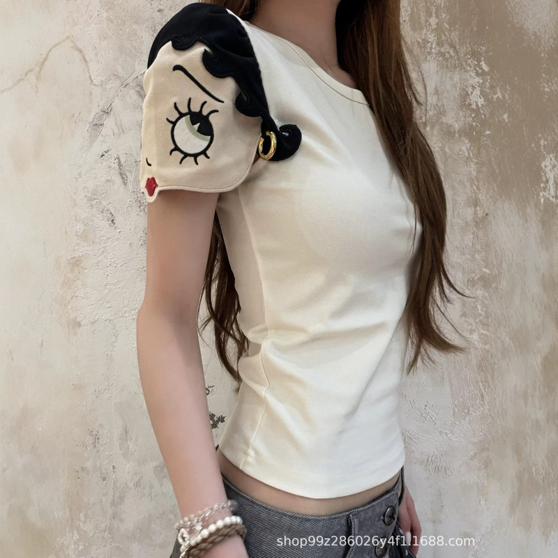 Nanyou 26 Summer New Style Betty Playful Cute Big-Eyed Doll Cuff Patch Slim-Fit Short-Sleeve T-Shirt Top for Women