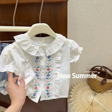 M·H女宝宝夏装衬衫2024新款重工刺绣棉娃娃衫中小童洋气泡泡袖衬