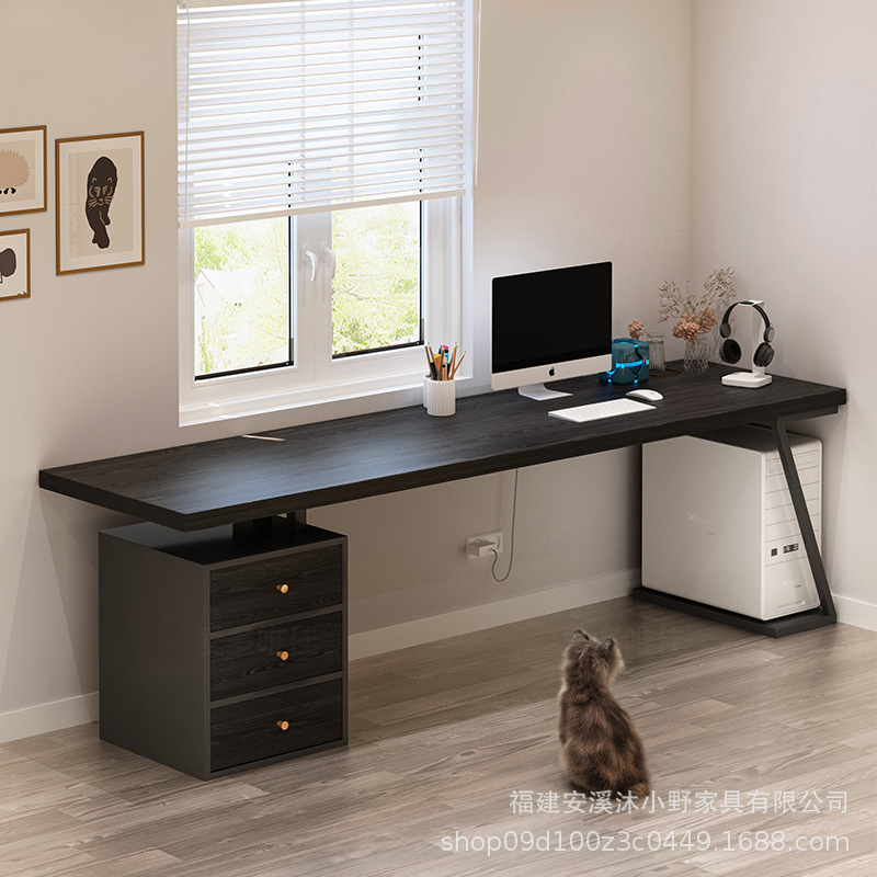 Qui Ji Black Solid Wood Computer Desktop Table Home Oversized Office Desk with Drawer E-sports Table Double Long Desk