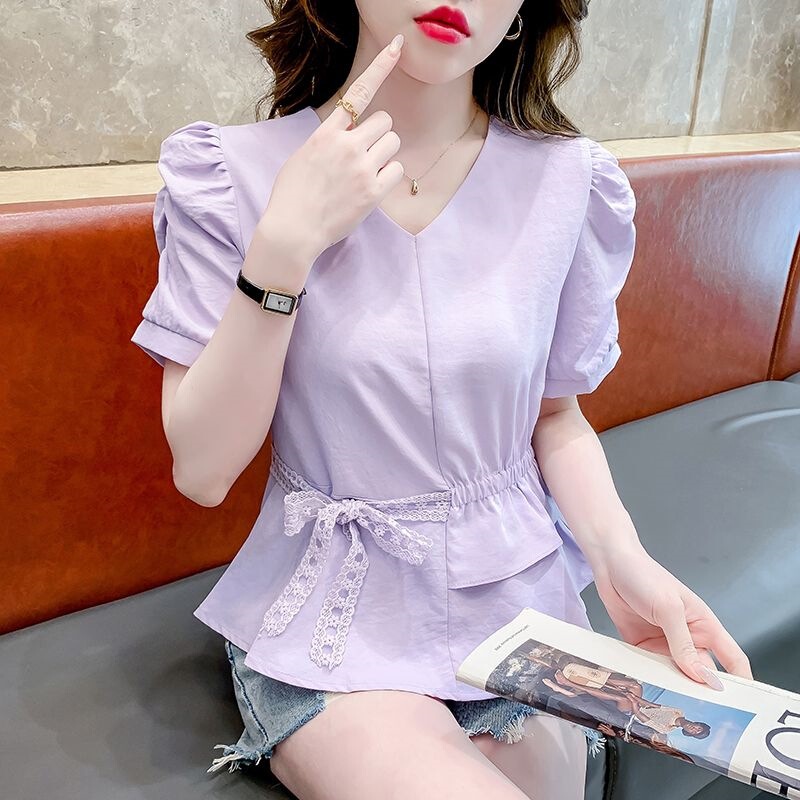 2026 Summer New Style French Double-Layer Ruffled Lace Tie Fashion Slim-Fit Shirt Fairy Top