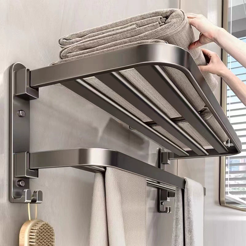 Space aluminum black gun ash bath towel free punching double -use wall -mounted bathroom simple single -layer towel rack two layers