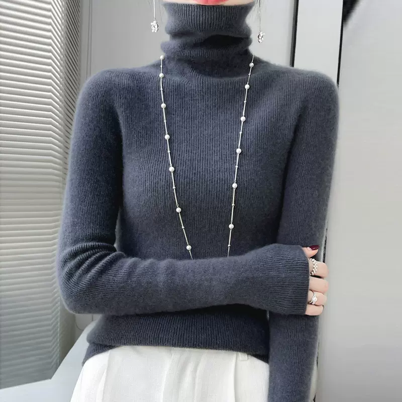 羊毛混纺24秋冬新款女装一线成衣堆堆高领修身保暖针织打底衫毛衣
